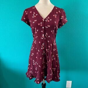 LOFT Burgundy Floral V-Neck Short Sleeve Ruffled Mini Button Shirt Dress Size 0